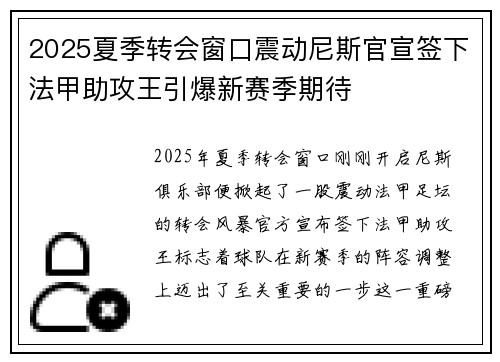 2025夏季转会窗口震动尼斯官宣签下法甲助攻王引爆新赛季期待
