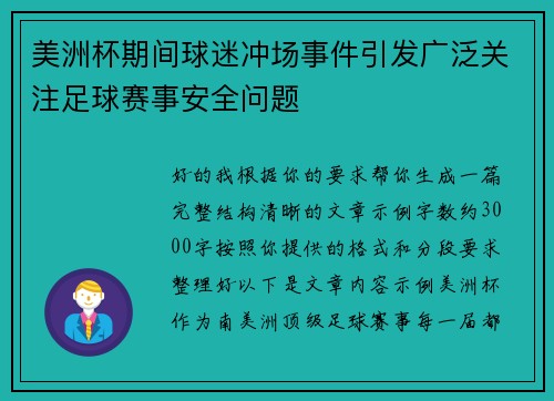 美洲杯期间球迷冲场事件引发广泛关注足球赛事安全问题