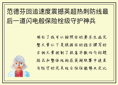 范德芬回追速度震撼英超热刺防线最后一道闪电般保险栓级守护神兵