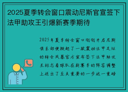2025夏季转会窗口震动尼斯官宣签下法甲助攻王引爆新赛季期待