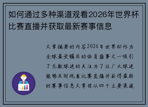 如何通过多种渠道观看2026年世界杯比赛直播并获取最新赛事信息
